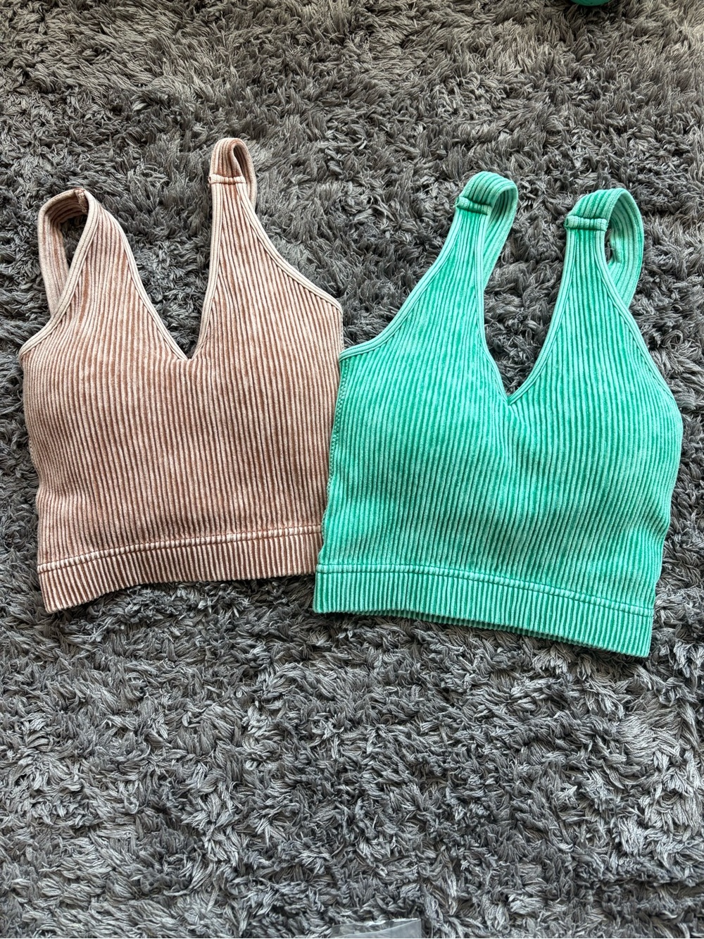 Zenana Acid Wash Padded Ribbed V-Neck Brami Bundle - Deep Camel & Kelly Green